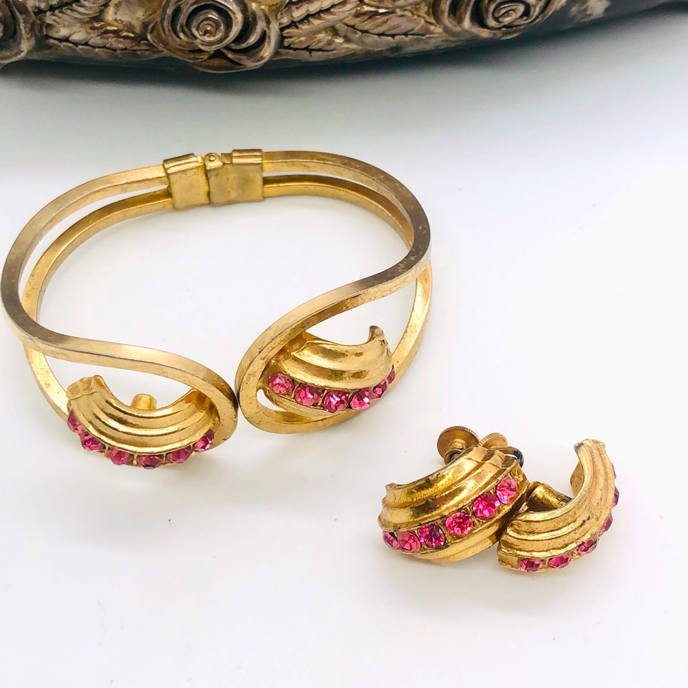 Vintage deco pink rhinestone bracelet & earrings